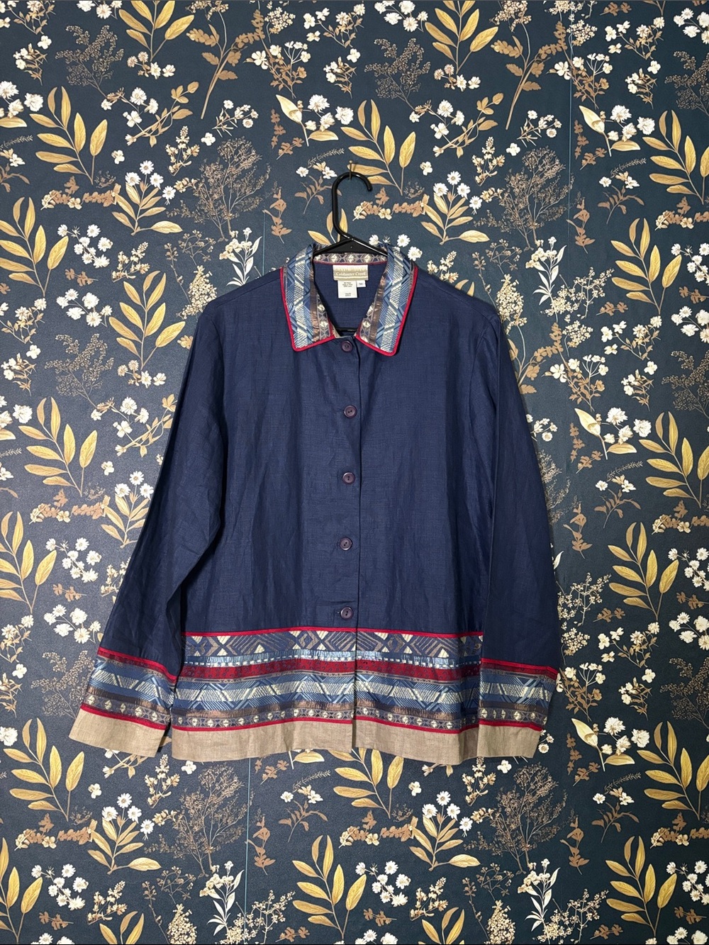 Coldwater Creek Navy Linen Shirt Jacket with Patterned Trim Unique M